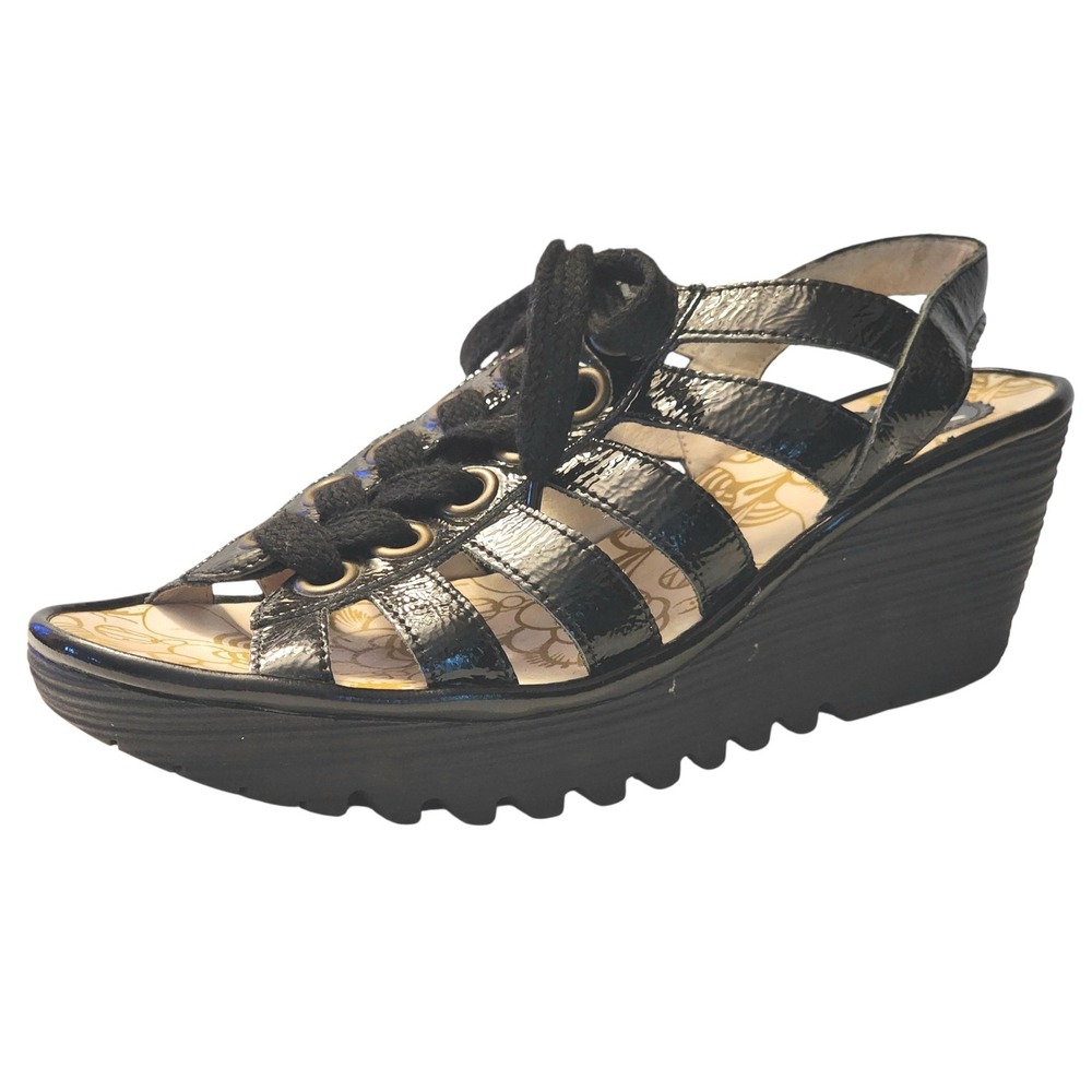 Fly London Yito Black Patent Leather Lace Up Wedge Sandals P500450015 Size 42